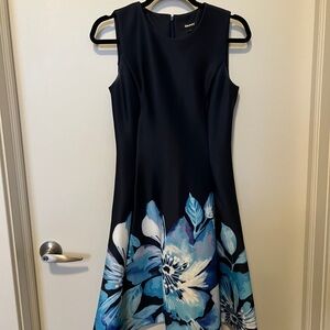 Dkny Navy Blue Floral Midi Dress with Pockets